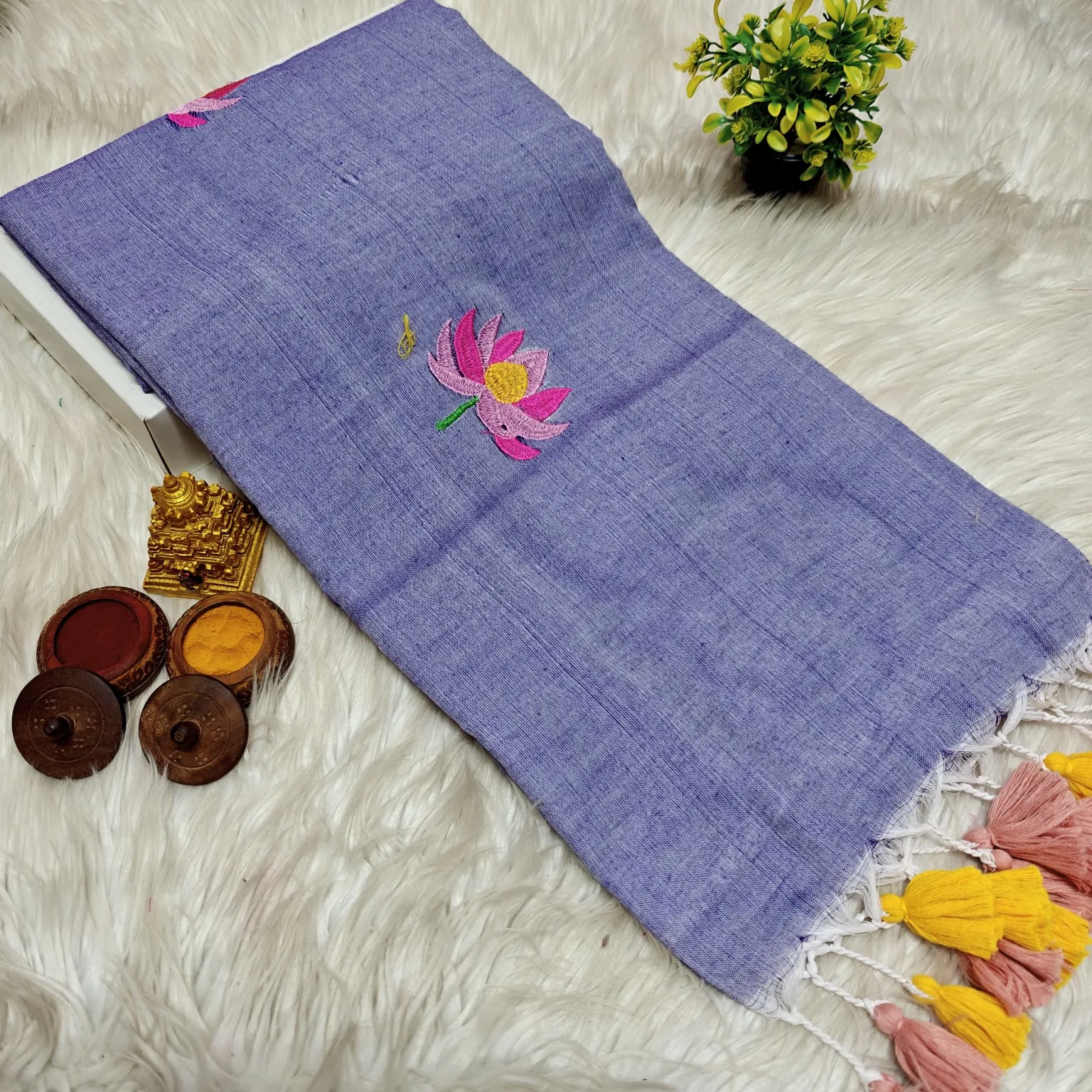 Indigo Blue with Pink, Lilac and Gold Lotus Embroidery Khadi Cotton Saree